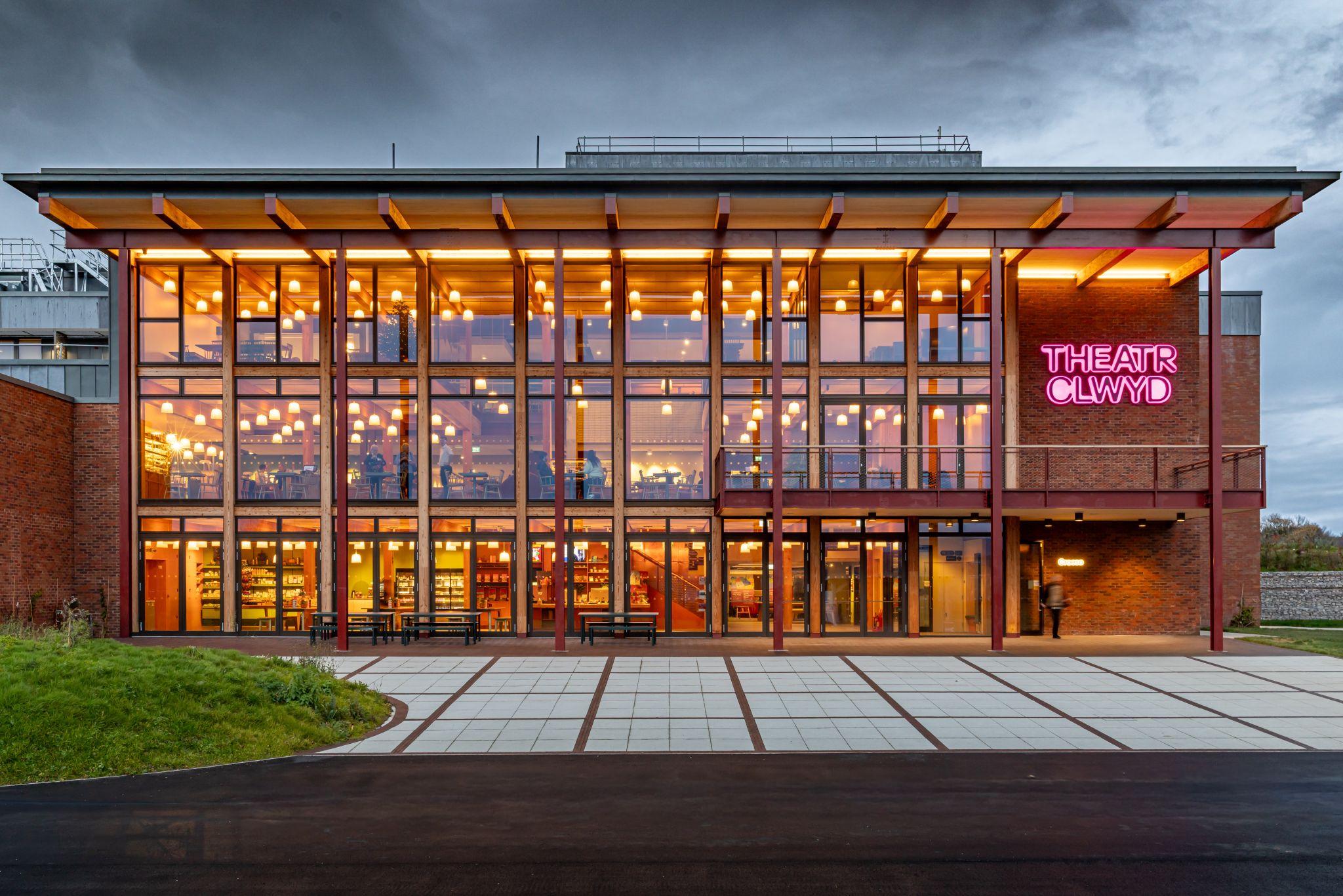 Theatr Clwyd exterior at dusk, Mold